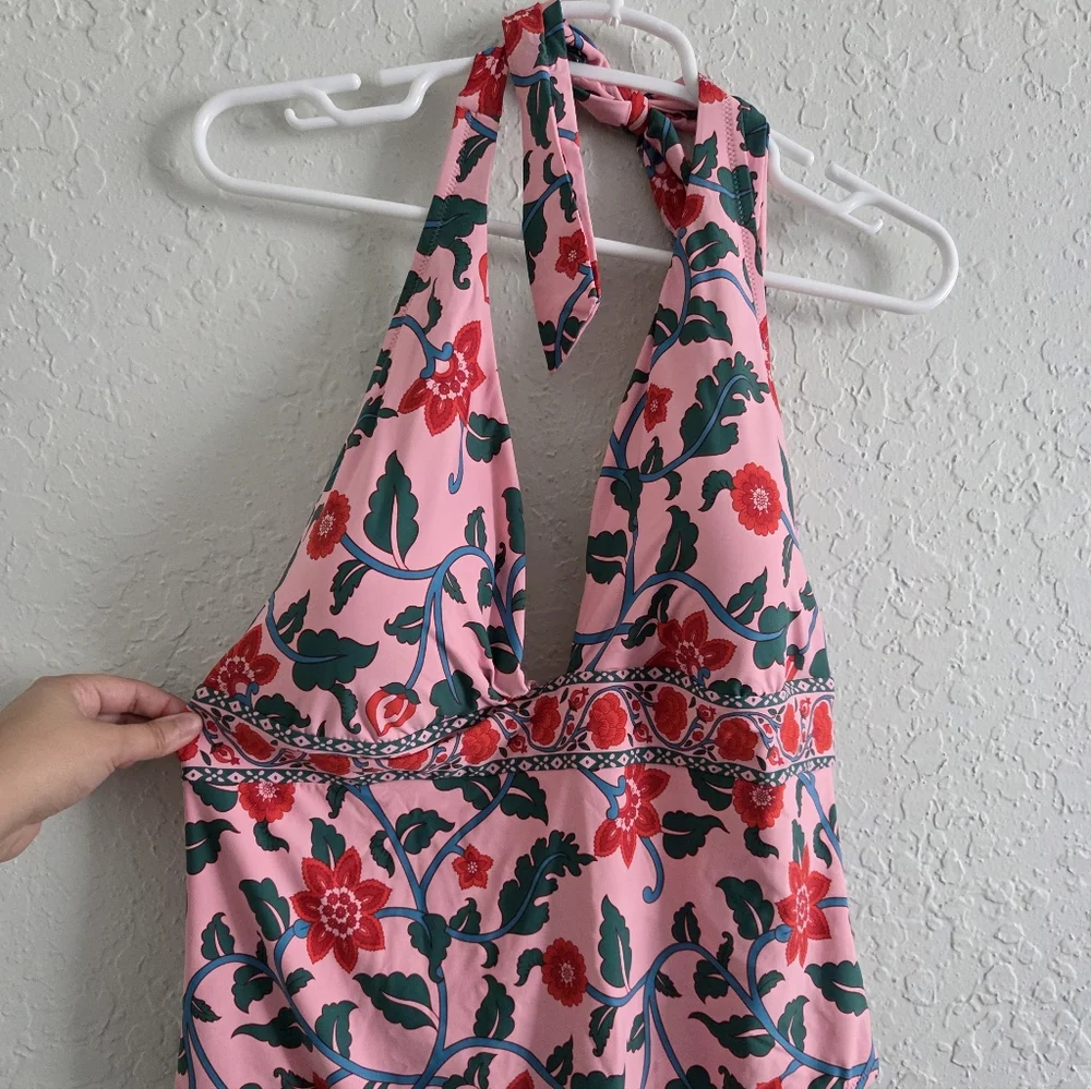 J Crew Halter One Piece Floral Padded V Neck Tropical Swimsuit - Picture 4 of 7